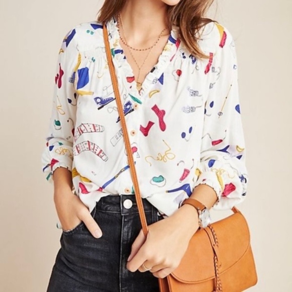 Maeve Anthropologie Marisol Ruffled Winter Ski Print‎ Blouse Size 6